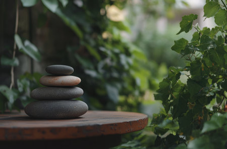 Photo of a stack of smooth stones on an outdoor table, with greenery in the background. Web banner with copy space on the right. --ar 23:15 --v 6.1 Job ID: 3566a55d-374d-4551-bd80-cfc5f5d599c5の素材