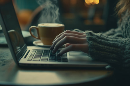 Woman typing on a laptop with a coffee cup, close-up photo of hands using a computer and drinking a hot drink in a cafe. Soft focus, soft light, bokeh effect, professional photography, professional color grading, depth of field, high resolution. --ar 3:2 --v 6.1 Job ID: c30686d1-b6ca-4208-a466-275bd5c33dcaの素材