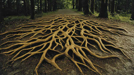 forest hiking path with roots crisscrossing the ground, magical light --chaos 30 --ar 16:9 --v 6.1 Job ID: 0cf5d921-12c0-485f-8c74-74715993f4a0の素材