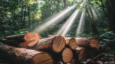 forest floor with saw and chopped logs, rays of summer sun breaking through leaves --chaos 30 --ar 16:9 --v 6.1 Job ID: 8a1a75fa-d110-4976-b4c9-53161ce67f5eの素材