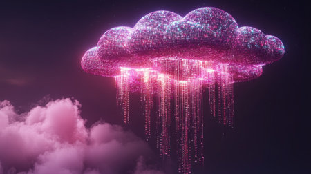 futuristic cloud data center with floating servers, glowing neon lights and digital grids in the sky --chaos 30 --ar 16:9 --v 6.1 Job ID: 8bb9a2ab-5ce3-4285-a350-4009edd83fefの素材