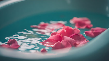 delicate flower petals floating in a calm bath, creating a soothing atmosphere for self-care --chaos 30 --ar 16:9 --v 6.1 Job ID: 3768e531-c0b2-48fd-aebc-0a884a83f578の素材