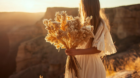 desert wedding with neutral-toned florals, dried flowers and golden sunset glow --chaos 30 --ar 16:9 --v 6.1 Job ID: 6ee42916-3063-483d-8f58-db3ff6cce7c3の素材