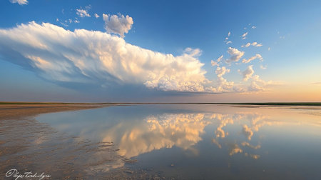dramatic sky reflected in still lake, powerful cloud formation above --chaos 30 --ar 16:9 --v 6.1 Job ID: 3c7466fe-2137-448a-b9ba-d092ef4fb9aaの素材