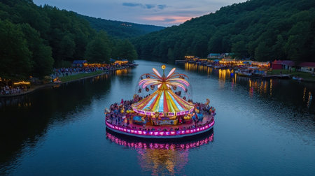 dreamlike floating carnival over a calm lake, perfectly mirrored reflections --chaos 30 --ar 16:9 --v 6.1 Job ID: 22027fc3-29f2-4ad5-9336-b73e6d594788の素材