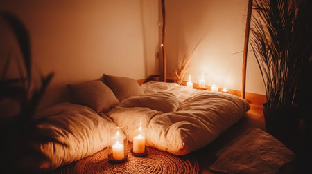 cozy corner with soft pillows, warm light, and soothing colors, evoking a sense of comfort and relaxation --chaos 30 --ar 16:9 --v 6.1 Job ID: d1309777-302c-42b5-b24d-428331af8e46の素材