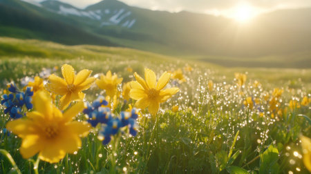 early morning dew on wildflowers, close-up and wide view, no humans --chaos 30 --ar 16:9 --v 6.1 Job ID: 24f438f9-794c-4956-837d-c99b1f1fb5f3の素材