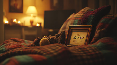 cozy home office with a framed "Best Dad" certificate on the desk --chaos 30 --ar 16:9 --v 6.1 Job ID: 83b83d5c-5914-4a73-83d8-17a3cadce290の素材