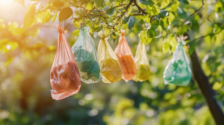 eco-friendly shopping bags made from recycled materials hanging in a natural setting --chaos 30 --ar 16:9 --v 6.1 Job ID: cf3aacf9-89b8-434b-bbc7-60185546af31の素材