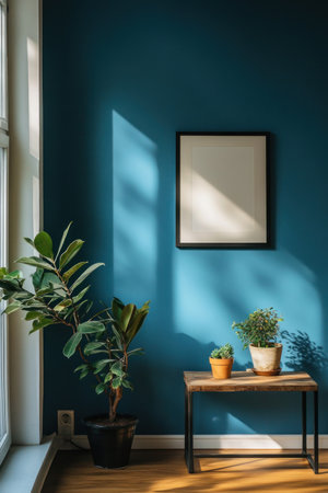 A photo of the wall in an empty room painted with blue color, wooden floor, and white window frame, with modern furniture such as a shelf made from wood or metal with small plants on it, a potted plant near a side table, a framed picture hanging above a console table, and natural lighting. --ar 2:3 --v 6.1 Job ID: d17f43c1-dd6e-45e5-bc2e-c9fecc2cdd99の素材