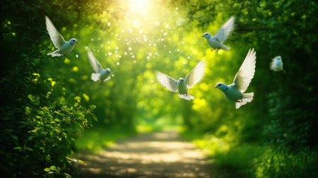 forest scene with small birds jumping between branches, soft focus background --chaos 30 --ar 16:9 --v 6.1 Job ID: ece4844e-7300-428d-b092-9775646af3cbの素材