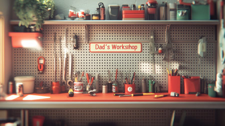 garage workbench, tools neatly arranged, "Dad's Workshop" sign, natural lighting --chaos 30 --ar 16:9 --v 6.1 Job ID: 1229d923-71c4-4d8e-b22a-4e888e46b312の素材