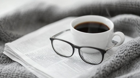 cup of coffee on a newspaper with reading glasses, nostalgic Father's Day scene --chaos 30 --ar 16:9 --v 6.1 Job ID: 0c305313-70b4-4676-93c7-9d3c40c9a1b2の素材