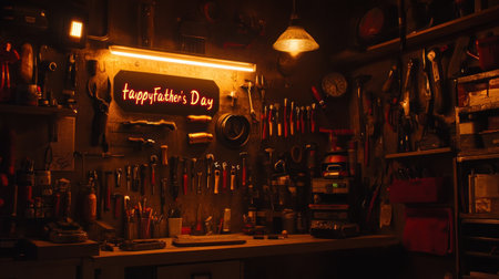 garage wall with a collage of tools and "Happy Fatherâs Day" graffiti --chaos 30 --ar 16:9 --v 6.1 Job ID: e99de25d-c37a-458c-ac92-452682b1bb98の素材