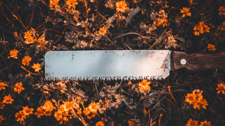dramatic lighting on a handsaw blade surrounded by tall grass and blooming flowers --chaos 30 --ar 16:9 --v 6.1 Job ID: 2e91ad78-6804-4699-8832-ba72f5804e7dの素材
