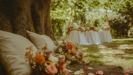 countryside ceremony under an old oak tree, floral swing decor and linen-covered chairs --chaos 30 --ar 16:9 --v 6.1 Job ID: d58dfba9-78c4-49c2-ba07-30f75a9c61ceの素材