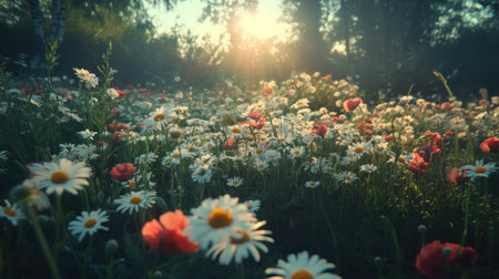 field of daisies and poppies, rustic natural light, HD clarity --chaos 30 --ar 16:9 --v 6.1 Job ID: 02ef03d2-2fdf-4318-8d9a-44287de3ee56の素材