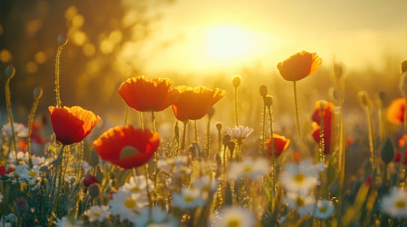 field of daisies and poppies, rustic natural light, HD clarity --chaos 30 --ar 16:9 --v 6.1 Job ID: 02ef03d2-2fdf-4318-8d9a-44287de3ee56の素材