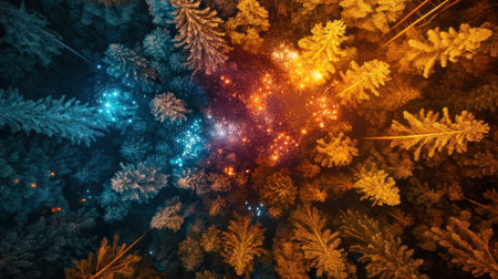 fireworks bursting over a tranquil forest canopy, viewed from above --chaos 30 --ar 16:9 --v 6.1 Job ID: 0ccacca7-7210-4b3d-b4dc-bccbf1411b88の素材