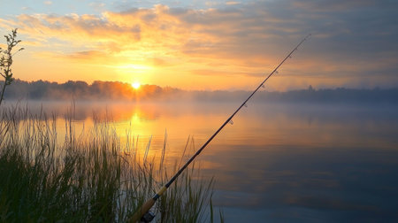 fishing rod by a quiet lake at sunrise, peaceful Father's Day morning --chaos 30 --ar 16:9 --v 6.1 Job ID: 6467d374-5cc2-46ac-8e61-1cebbbe1fcbdの素材