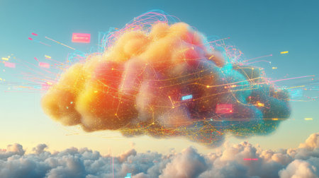 floating virtual cloud with glowing interconnected data nodes and digital pathways, abstract composition --chaos 30 --ar 16:9 --v 6.1 Job ID: 8d4fe30d-0428-4262-a5a3-ba83f4b1124fの素材