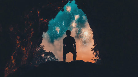 fireworks seen from inside a cave entrance, glowing sky outside --chaos 30 --ar 16:9 --v 6.1 Job ID: 9b7b7cc5-1c47-46c6-b0bc-df73a4ddfb6bの素材