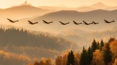 flock of geese flying in V-formation over autumn landscape --chaos 30 --ar 16:9 --v 6.1 Job ID: 09968531-3ef6-4b31-9d75-4f37f1057393の素材