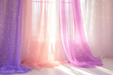 Curtains, tulle curtains, fairy-tale room, white wall, pink and purple, window light effect, sparkling stars, romantic atmosphere, pink and lavender color scheme, white background, warm tone, dreamy atmosphere. --ar 3:2 --v 6.1 Job ID: 51c7ea5d-e528-41f5-8273-1dee263f3b1fの素材