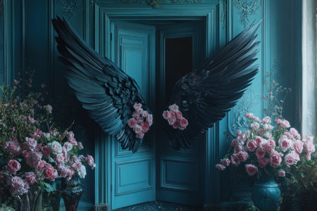 Cinematic shot of two large black wings with a floral design, hanging on the sides at the top and bottom over an open blue door in a Paris apartment filled with pink roses, surrounded by vases full of flowers, captured by a Hasselblad X2D, cinematic still, in the style of hyperrealistic photography, with navy and teal walls. --ar 3:2 --v 6.1 Job ID: 441037bf-c692-4bd8-89ee-fa6be6094c9cの素材