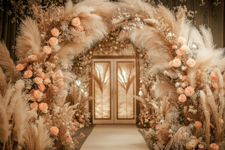 Create an arch with feathers and roses in peach fuzz color, with soft lighting. In the background is an elegant door decorated with pampas grass. The wedding ceremony decor includes flowers on display, creating a romantic atmosphere. --ar 3:2 --v 6.1 Job ID: 798378e2-06f6-4a22-bea1-449c8745d746の素材