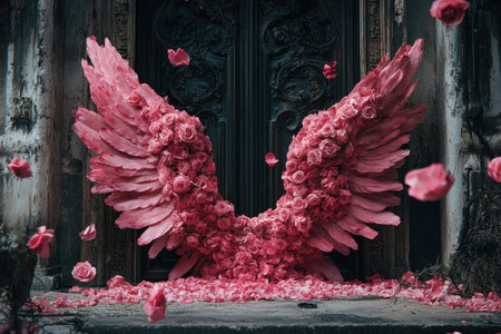 Cinematic still of giant angel wings made out of pink rose petals, sitting on the ground in front of an old ornate door, surrounded by falling roses and peonies, with a film grain effect, in the style of Wes Craven. --ar 3:2 --v 6.1 Job ID: 08e24f59-1830-4e85-a51c-7331e1bc6320の素材