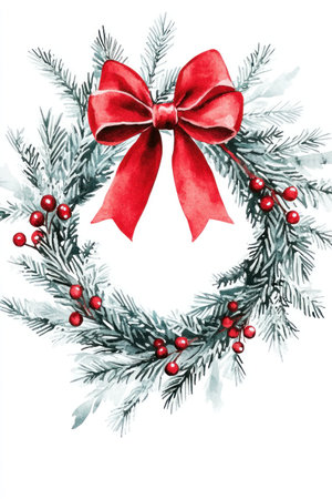 Christmas wreath with a red bow, a watercolor illustration in a vintage style, on a white background, with the edges isolated. --ar 2:3 --v 6.1 Job ID: 42da9dfa-a8d4-4bf7-887c-99b960c49465の素材