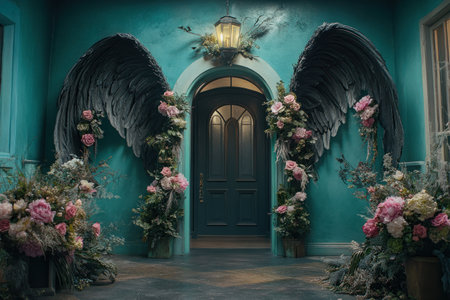 Cinematic still of an archway with dark gray angel wings and floral arrangements on each side, teal walls, and a front door in the background. --ar 3:2 --v 6.1 Job ID: cae4f38d-ca2e-4cc6-a311-5cf99ef8c96eの素材