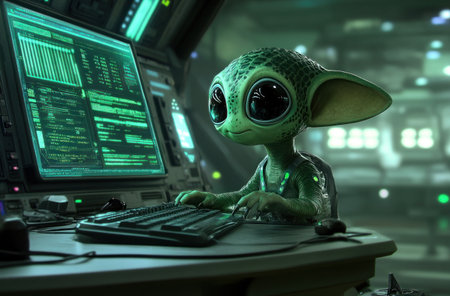 Cute alien working on a computer, with big eyes and a space station background. The color palette is predominantly green and grey, with a cinematic, high-resolution style. --ar 62:41 --v 6.1 Job ID: 3f57896d-d7ec-439e-a2e2-c64ef4389d9fの素材