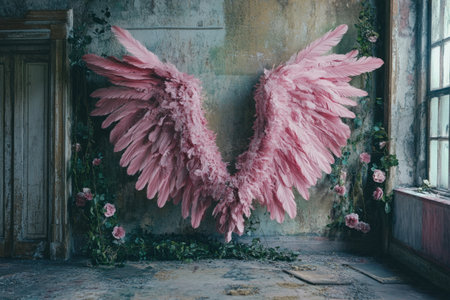 Cinematic shot of pink angel wings made from large feathers, in an old room with flowers and ivy growing on the walls, muted tones, in the style of David Fincher. --ar 3:2 --v 6.1 Job ID: a034a3e6-7df2-4226-8501-988b06b75a87の素材