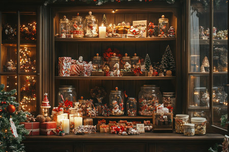 Christmas-themed photography backdrop with a large wooden cabinet full of Christmas decorations, numerous boxes and jars filled with sweets, candles, and ornaments, a dark room with warm light from the window, in a realistic photography style, detailed and high-resolution. --ar 3:2 --v 6.1 Job ID: 5f6ef0e1-9536-49e2-9828-ac3cd7ab9813の素材