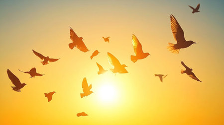 flock of birds flying at sunset, silhouettes in golden sky, cinematic --chaos 30 --ar 16:9 --v 6.1 Job ID: 28e6fd69-625e-4fbe-acc3-95e2675aae82の素材