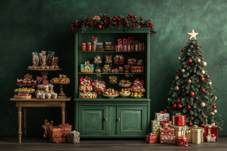 Christmas-themed photography backdrop, a green cabinet with Christmas decorations and sweets, a wooden table full of candies, boxes, and a Christmas tree on the right side, photorealistic, high resolution, high detail, hyper-realistic, detailed texture, highly textured, vintage style, dark green background, studio lighting, cinematic. --ar 3:2 --v 6.1 Job ID: 7e7914d9-91b0-418b-901e-a50005279e10の素材