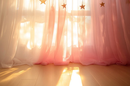 Curtains, window curtain design with tulle fabric in a pink and white gradient color, stars hanging on the curtains, light shining through the window onto the floor of the room, a romantic style, a dreamy atmosphere, interior decoration, soft tones, wide-angle lens, natural lighting, elegant movements, warm emotions in the style of Romantic art. --ar 3:2 --v 6.1 Job ID: c42b52c6-f6f2-44d0-a263-9157657d2aa6の素材