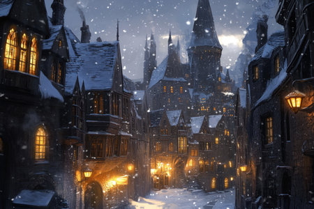Concept art of the old town in Hogwarts, featuring snow, medieval architecture, street lights, and a winter night scene in a fantasy setting. --ar 3:2 --v 6.1 Job ID: 77383f81-351a-4c6e-b89d-0fcced1164b1の素材