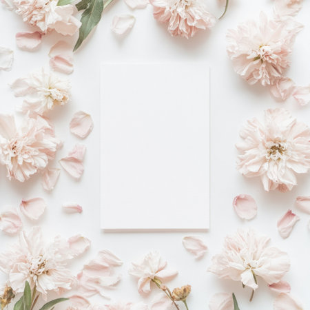 Cinematic mockup of a blank card, in a minimalistic style, surrounded by pastel pink and beige flowers on a white background, in a flat lay, top view, with soft lighting, high-resolution photography, high quality, and an aesthetic appearance. --v 6.1 Job ID: 9ea3c5ed-2f4c-486a-87ea-8285b6cfd453の素材