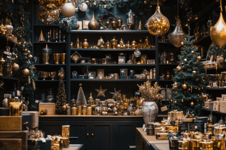 Dark academia-inspired Christmas shop backdrop with lots of gold and silver vases, glassware, and wooden boxes filled to the ceiling with Christmas decorations. --ar 3:2 --v 6.1 Job ID: 6ed99d12-49b7-4278-ba88-5737600d101dの素材