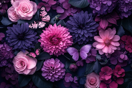 Dark purple background with various shades of pink and dark flowers, including chrysanthemums, roses, peonies, and dahlias. Add some butterflies to the picture, in a hyper-realistic photographic style. --ar 3:2 --v 6.1 Job ID: e4e16cc3-8bb4-47e1-9e26-cc5fc039d00cの素材