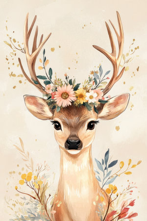 Cute deer with large antlers, a wreath of flowers and a garland on its head, against a beige background, in the style of a fairy tale illustration with golden details, watercolor, highly detailed, with a fairy-tale atmosphere, pastel colors, and soft lighting, in high resolution. --ar 2:3 --v 6.1 Job ID: a6f1c9a0-c67c-4c48-adfb-2c79653d1900の素材