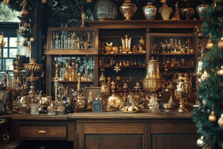 Dark academia-inspired Christmas shop backdrop with lots of gold and silver vases, glassware, and wooden boxes filled to the ceiling with Christmas decorations. --ar 3:2 --v 6.1 Job ID: 6ed99d12-49b7-4278-ba88-5737600d101dの素材