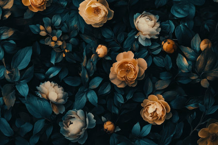 Dark floral background with peonies and ivy, muted teal leaves, golden-brown flowers, moody, dark aesthetic, cinematic, realistic, shot on a Canon EOS R6 Mark II. --ar 3:2 --v 6.1 Job ID: edeae6d3-ab6c-4915-b128-0cd0cf8d38d2の素材