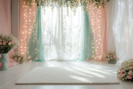 Cute room of the princess, with a white floor and walls, soft pink curtains, white lights arranged vertically, small flower vases, large windows with light green tulle curtains, soft lighting, and a white carpet in front. The overall style is romantic, captured with a wide-angle, professional photography technique, resulting in a sharp focus and high-resolution image. --ar 3:2 --v 6.1 Job ID: 3bc5ec57-fb04-47eb-b18e-05611fa26be3の素材