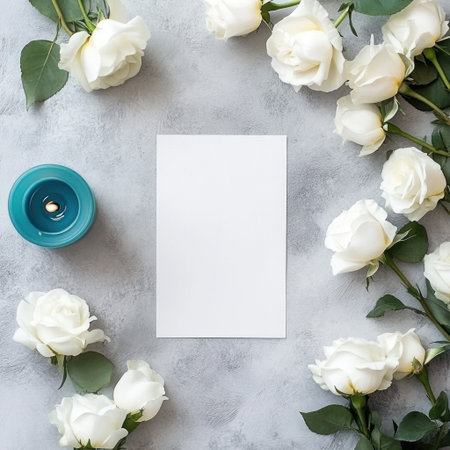 Easter card mockup with white roses, an empty blank sheet of paper in the center, and a blue candle on a grey background. A minimalistic composition, captured in a top-down, flat lay shot with studio lighting. Stock photo. --v 6.1 Job ID: 4acec3b3-da6a-499c-829c-f4b184c10780の素材