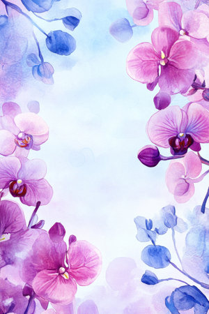 Cute orchid frame background with copy space, 8K ultra-resolution, high-quality, beautiful watercolor-style art. --ar 2:3 --v 6.1 Job ID: 7417b88e-8d64-44ee-85f2-f58b837f6f0eの素材