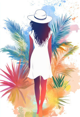 fashion illustration, girl in white dress and hat standing against the backdrop of tropical plants, watercolor splashes , ink clip art, colorful on pure clean background, t-shirt design graphic, vector contour, bold lines, flat colors with strong color contrast, smooth shape, no shadows --ar 53:78 --v 6.1 Job ID: 587464c0-31b0-425b-9637-0904a3773226の素材